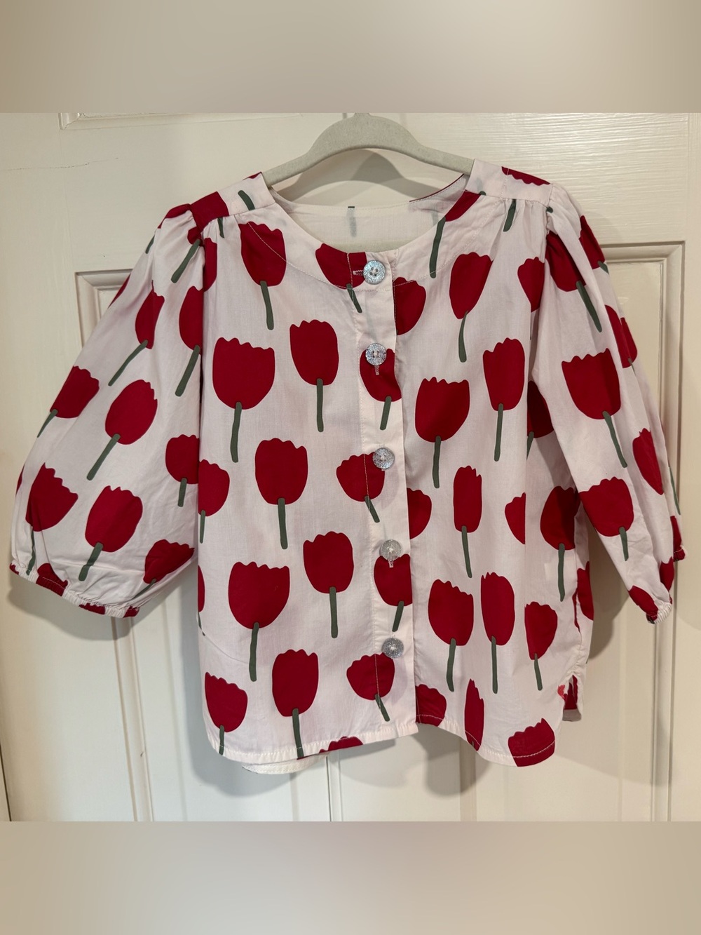 Pink Chicken Girls Floral Button Up Blouse -  White, Green and Red  - Size 6Y-